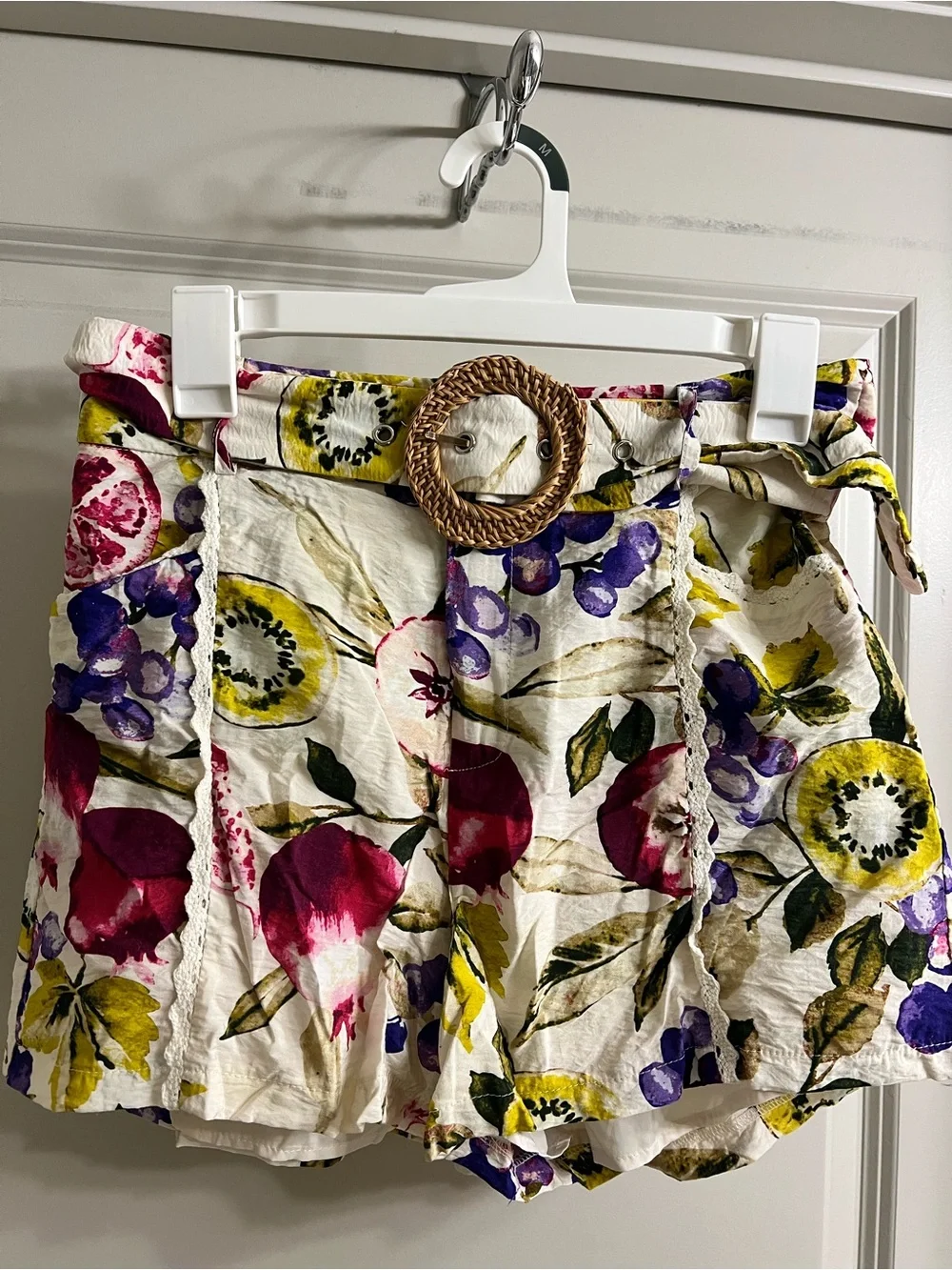 Fruit Print Paperbag Waist Shorts with Woven Belt